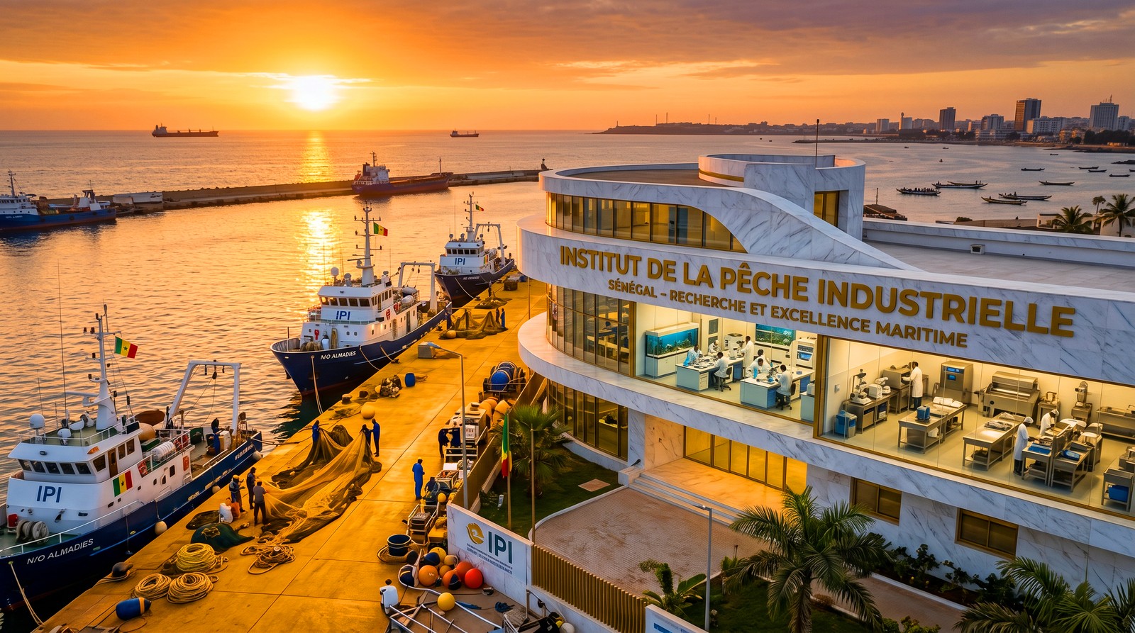 Institut de la Pêche Industrielle — bâtiment moderne en bord de mer au coucher de soleil, vaisseaux de recherche amarrés, scientifiques au travail